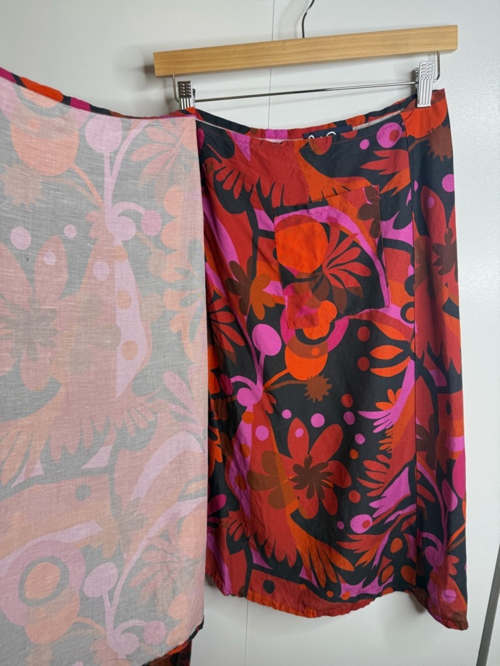Lesley Evers Colorful Floral Red Orange Tencel Linen Wrap Knee Length Skirt S - Picture 3 of 8